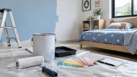 Kamar anak dengan alat cat dan sampel warna di lantai
