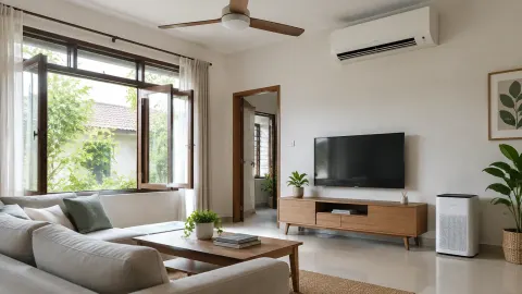 Ruang duduk rumah dengan jendela dan peneduh
