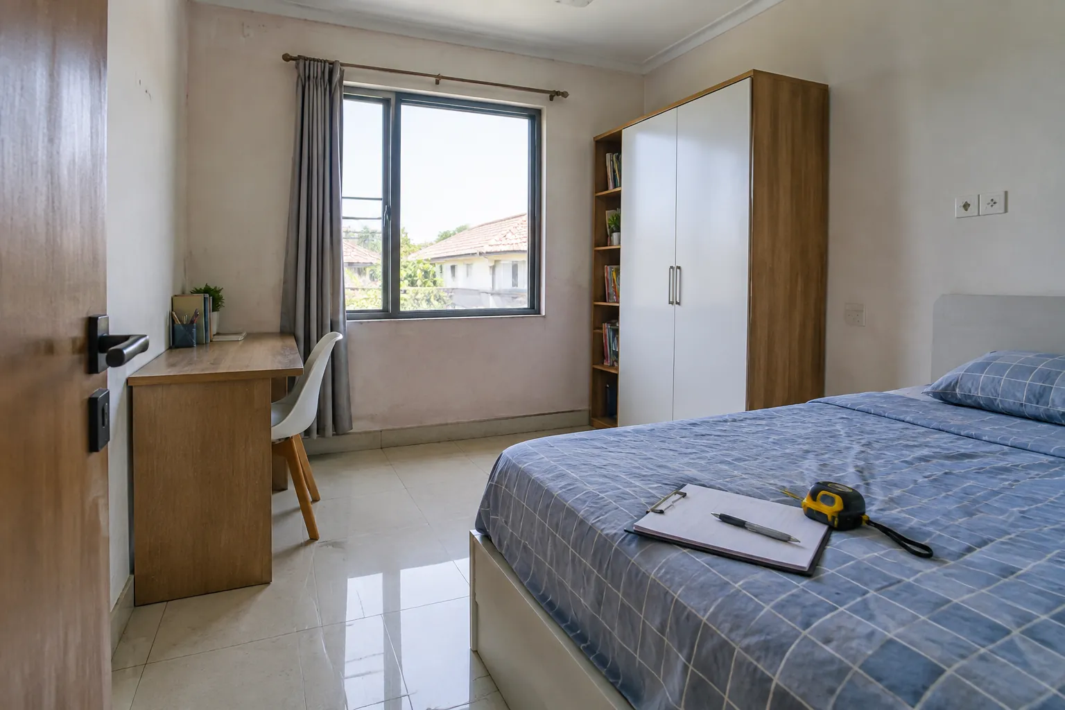 Kamar remaja dengan gambar rencana di atas tempat tidur