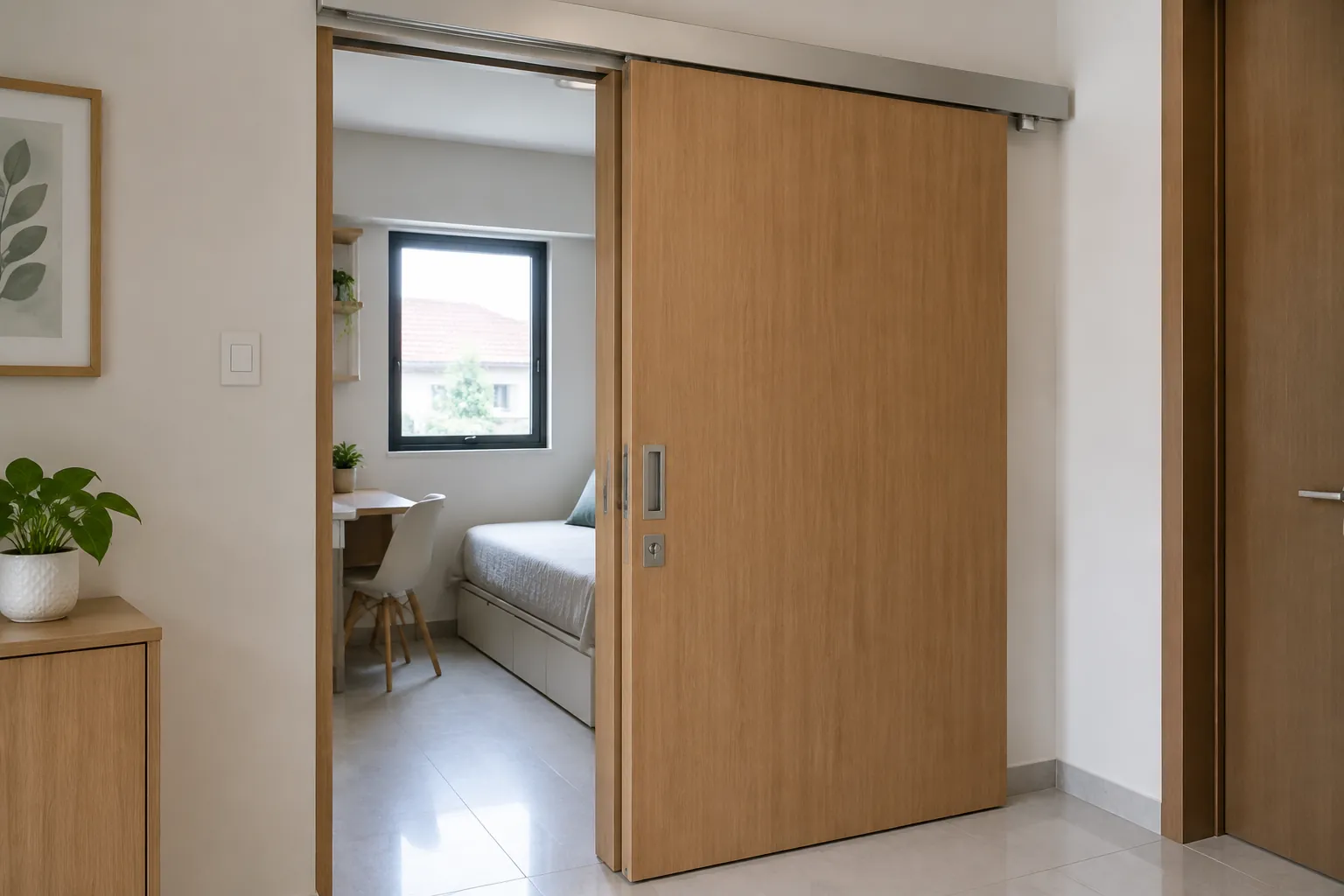 Pintu geser kayu terbuka ke arah kamar kecil