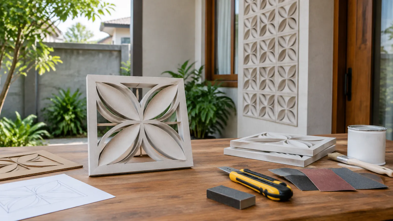 Contoh ornamen geometris di meja depan fasad