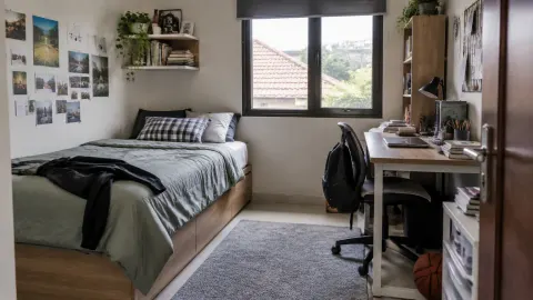 Kamar remaja dengan banyak pajangan, tempat tidur, dan meja