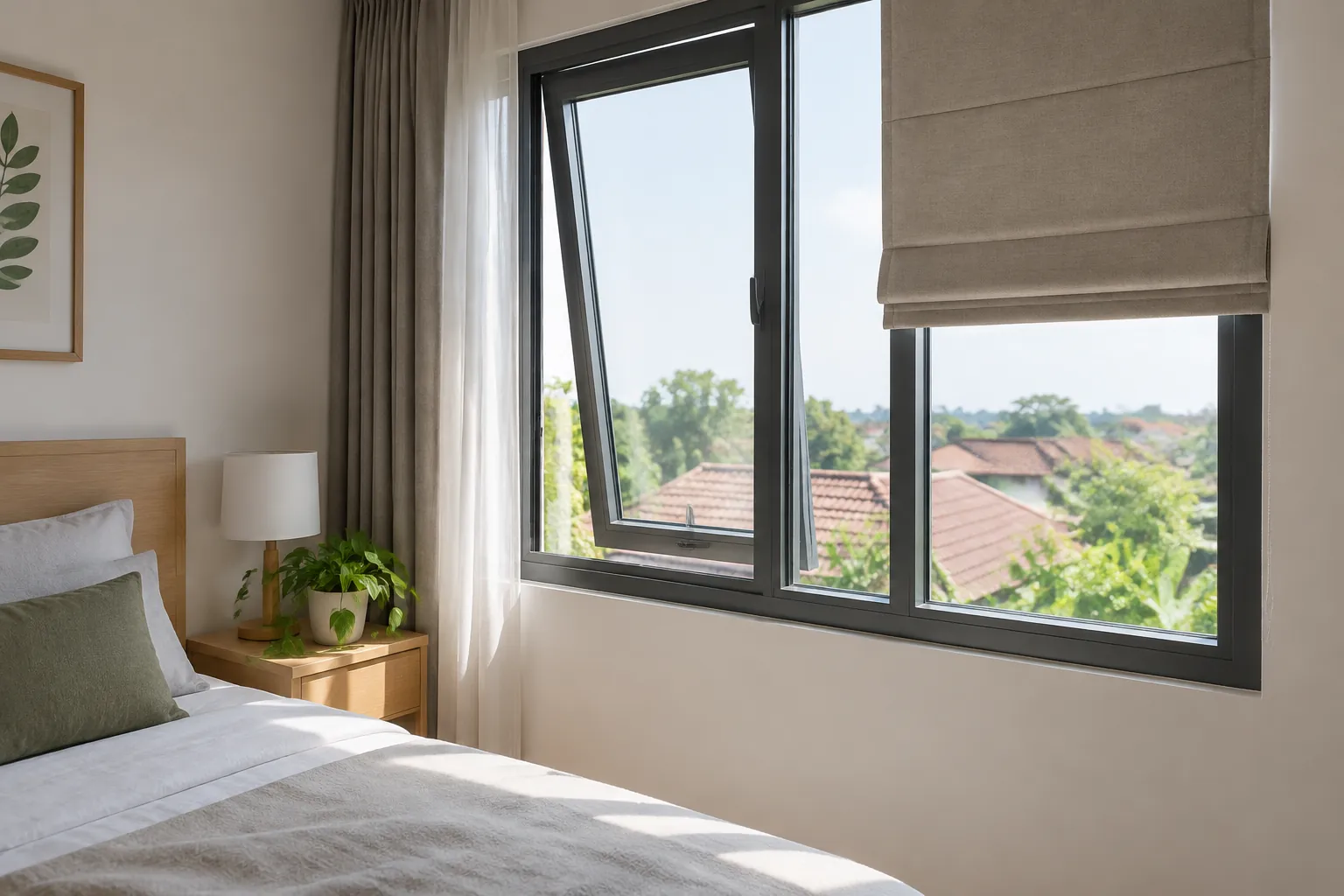 Jendela kamar tidur dengan satu daun terbuka dan satu tertutup
