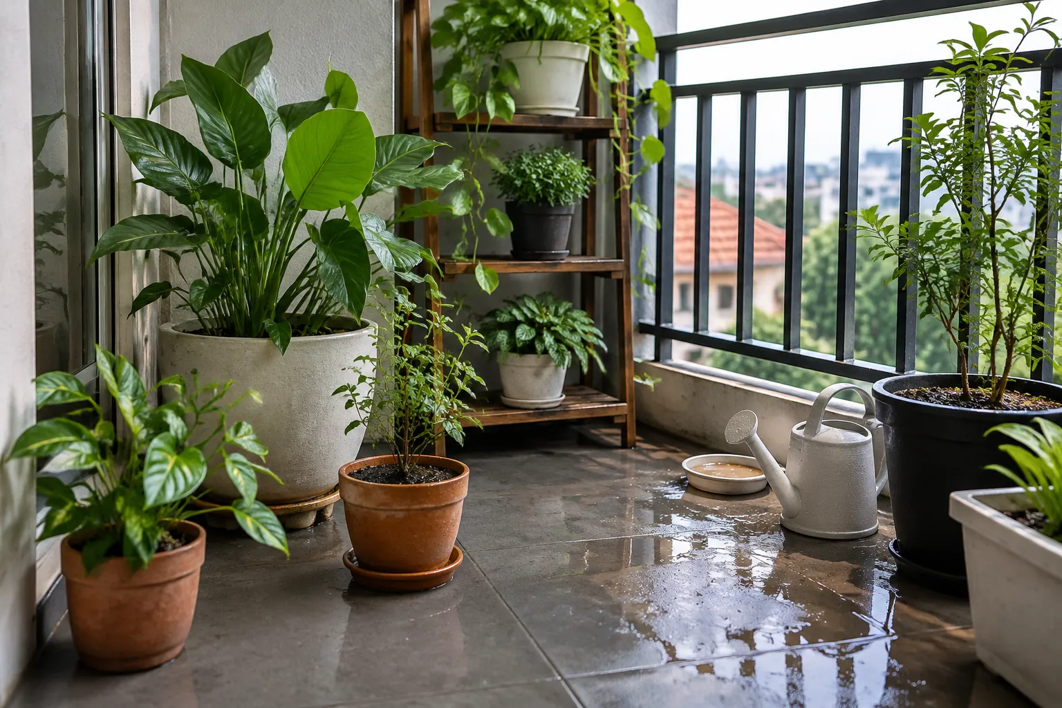 Penyiram tanaman di lantai balkon dekat pot