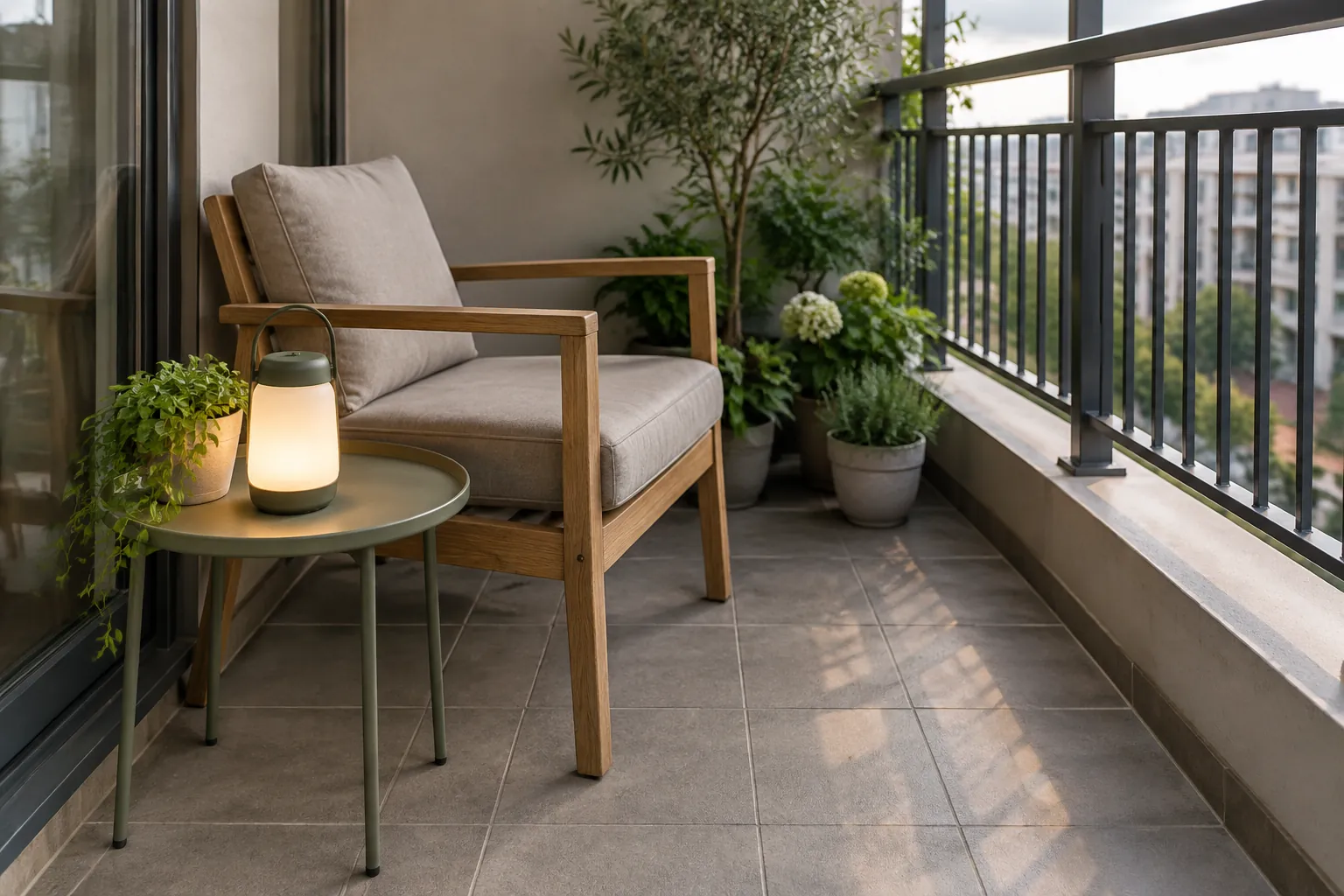 Kursi serta tanaman dalam pot pada balkon
