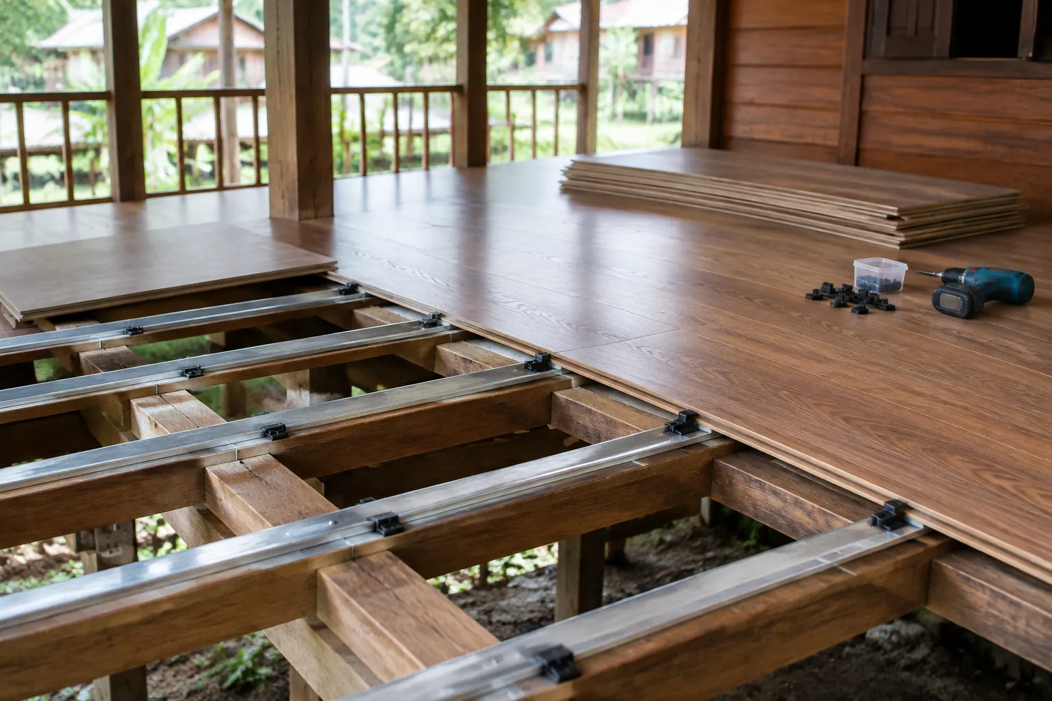 Papan kayu sedang dipasang pada rangka lantai rumah panggung
