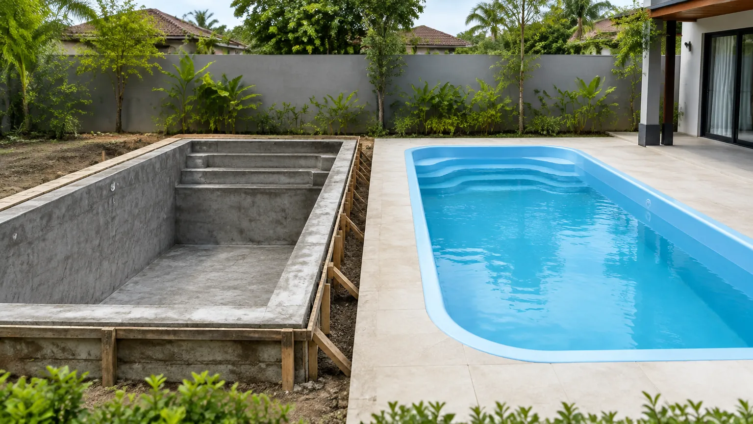 Dua struktur kolam berdampingan, satu beton terbuka dan satu selesai