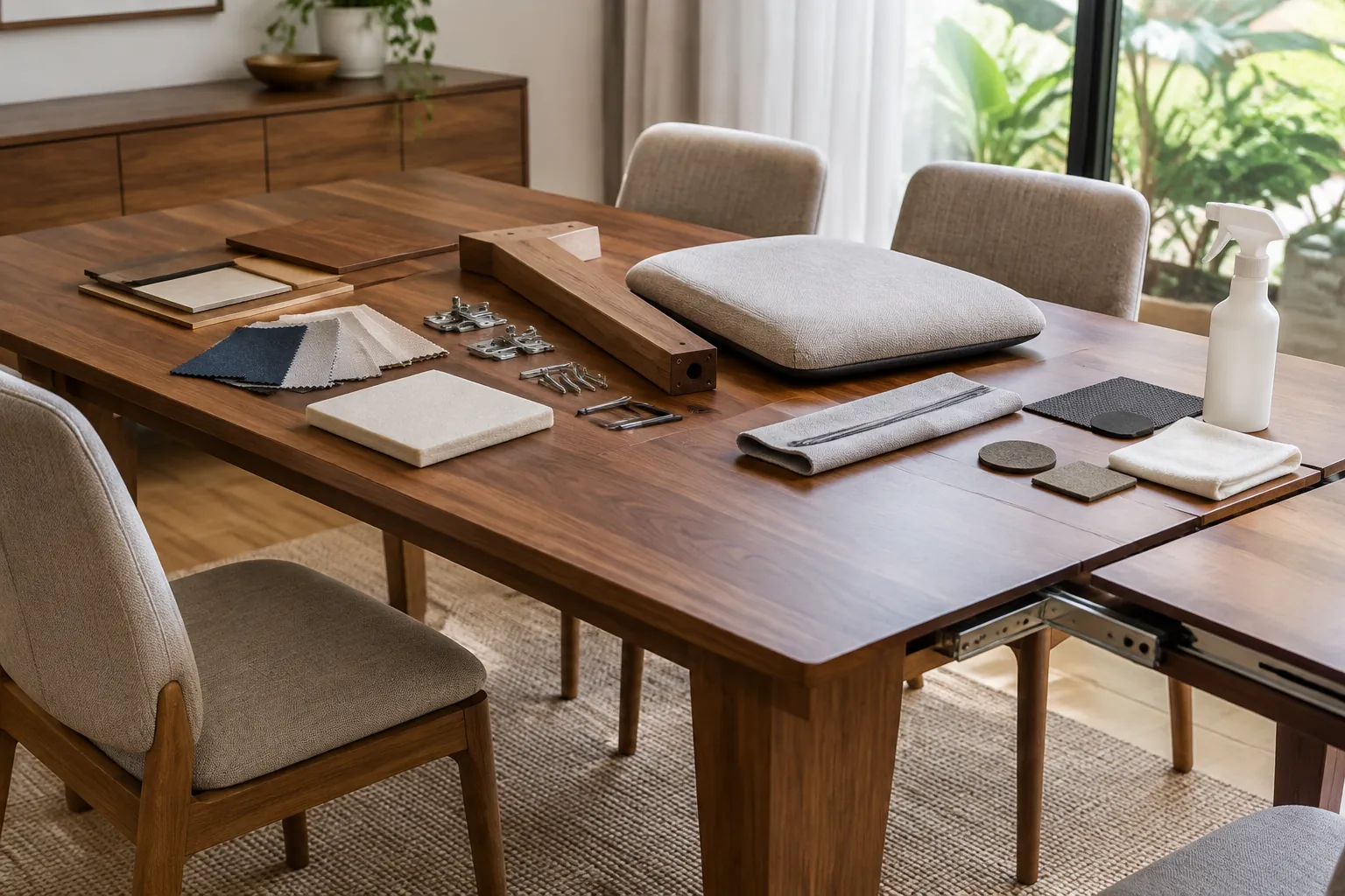 Contoh bahan dan komponen furnitur di atas meja makan