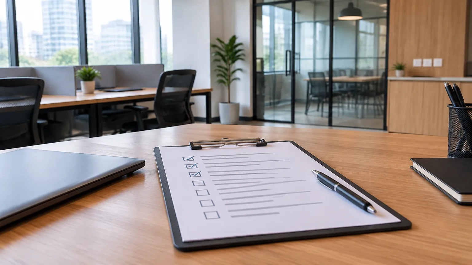 Daftar periksa kosong di meja kantor menghadap ruang kerja