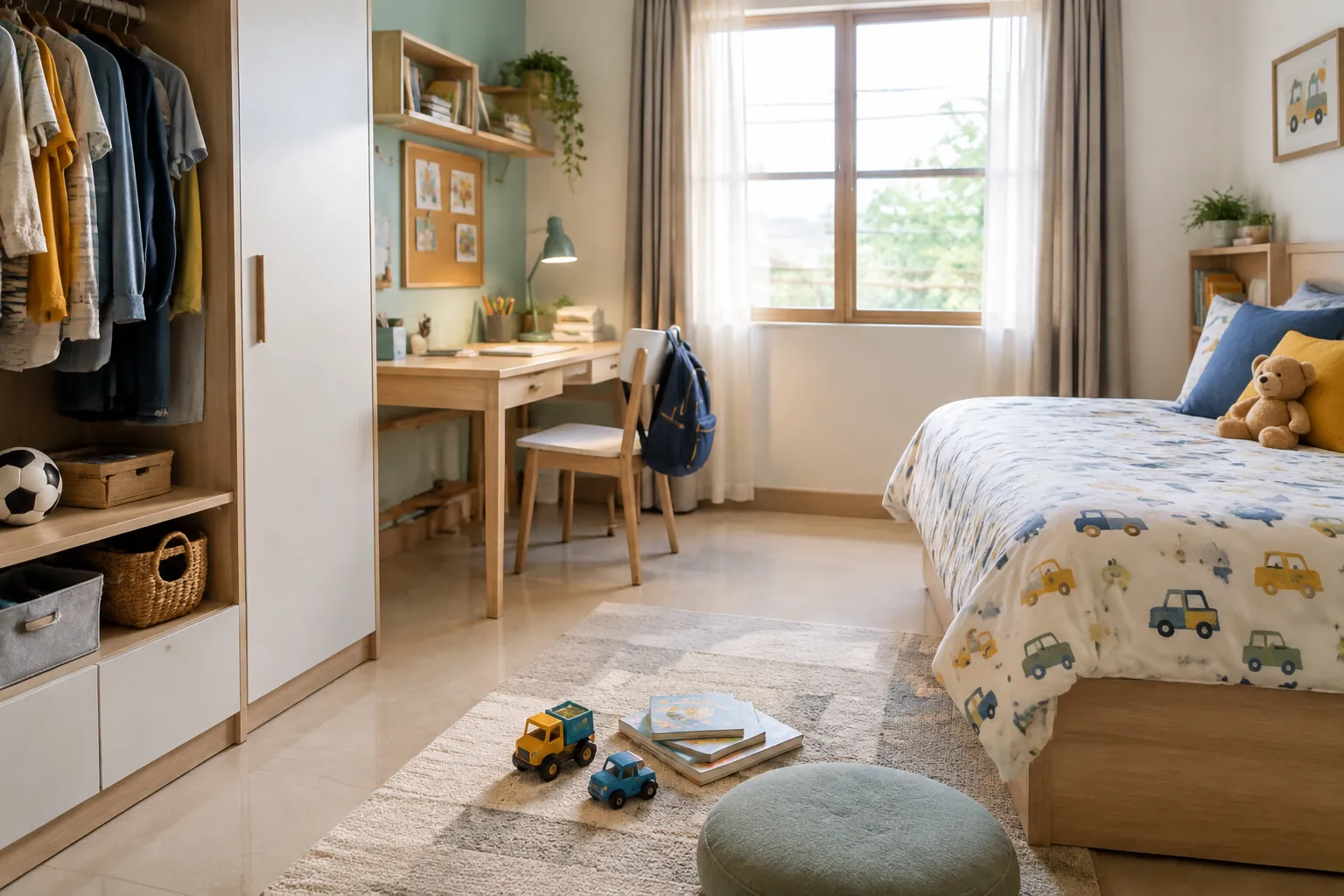 Kamar anak dengan mainan di dekat tempat tidur dan meja