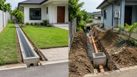 Pekerjaan saluran drainase sedang dipasang di sisi rumah