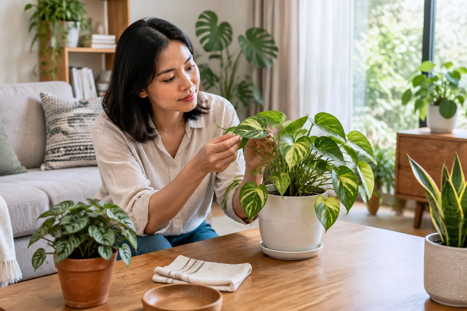 Penghuni memeriksa daun tanaman indoor di ruang keluarga