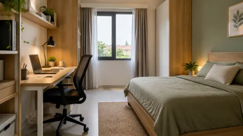 Meja kerja dan tempat tidur berbagi kamar kecil