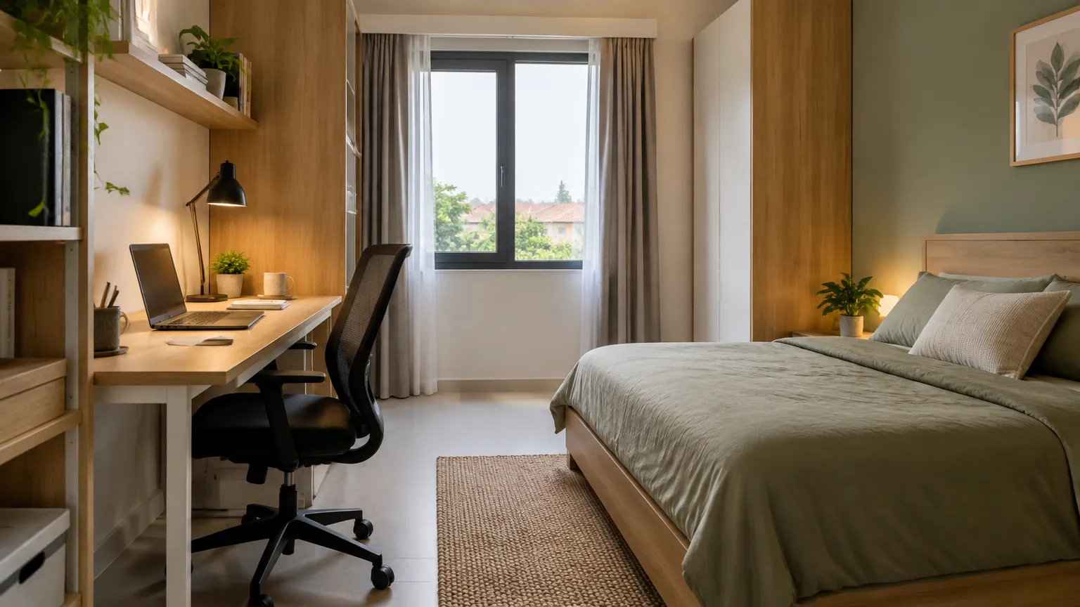 Meja kerja dan tempat tidur berbagi kamar kecil