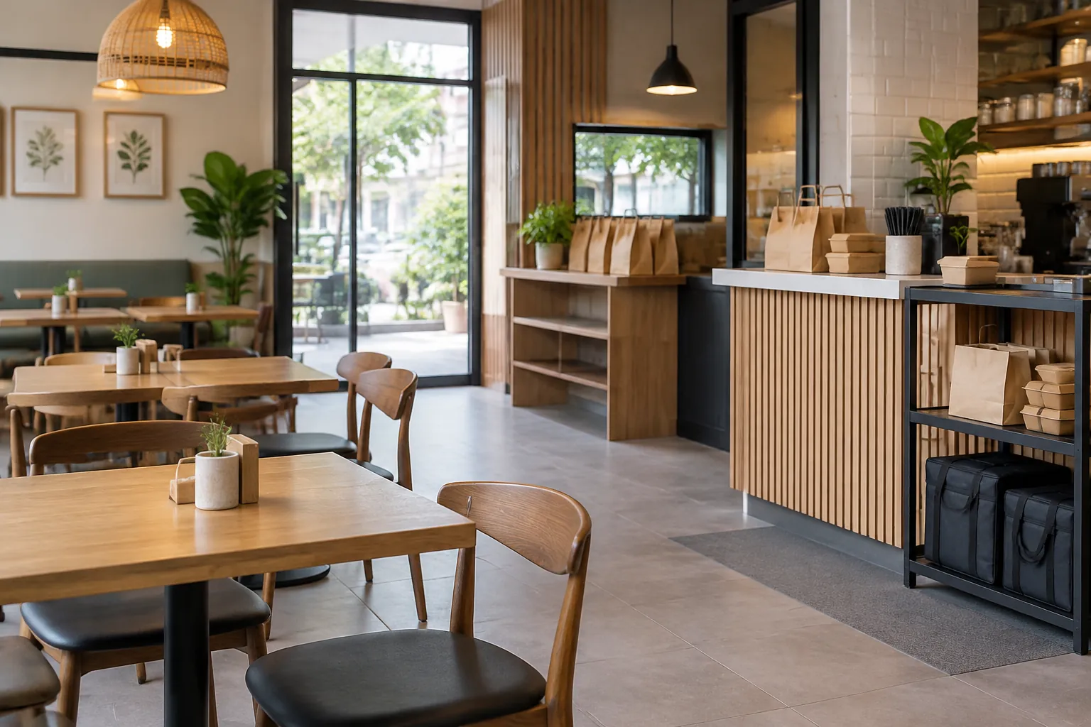 Meja makan dan bar dalam kafe kecil berjendela