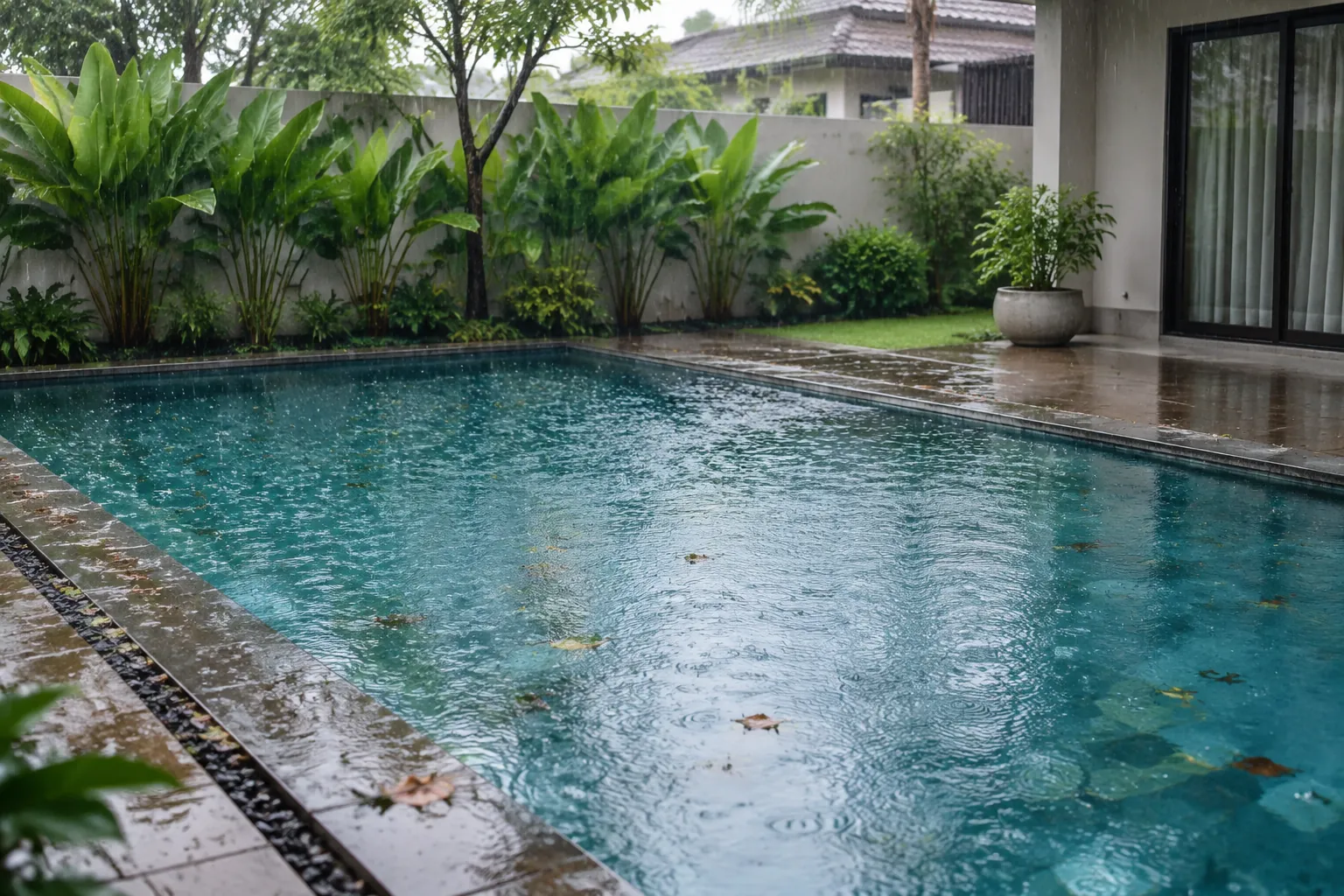 Hujan turun di permukaan kolam rumah yang dikelilingi taman