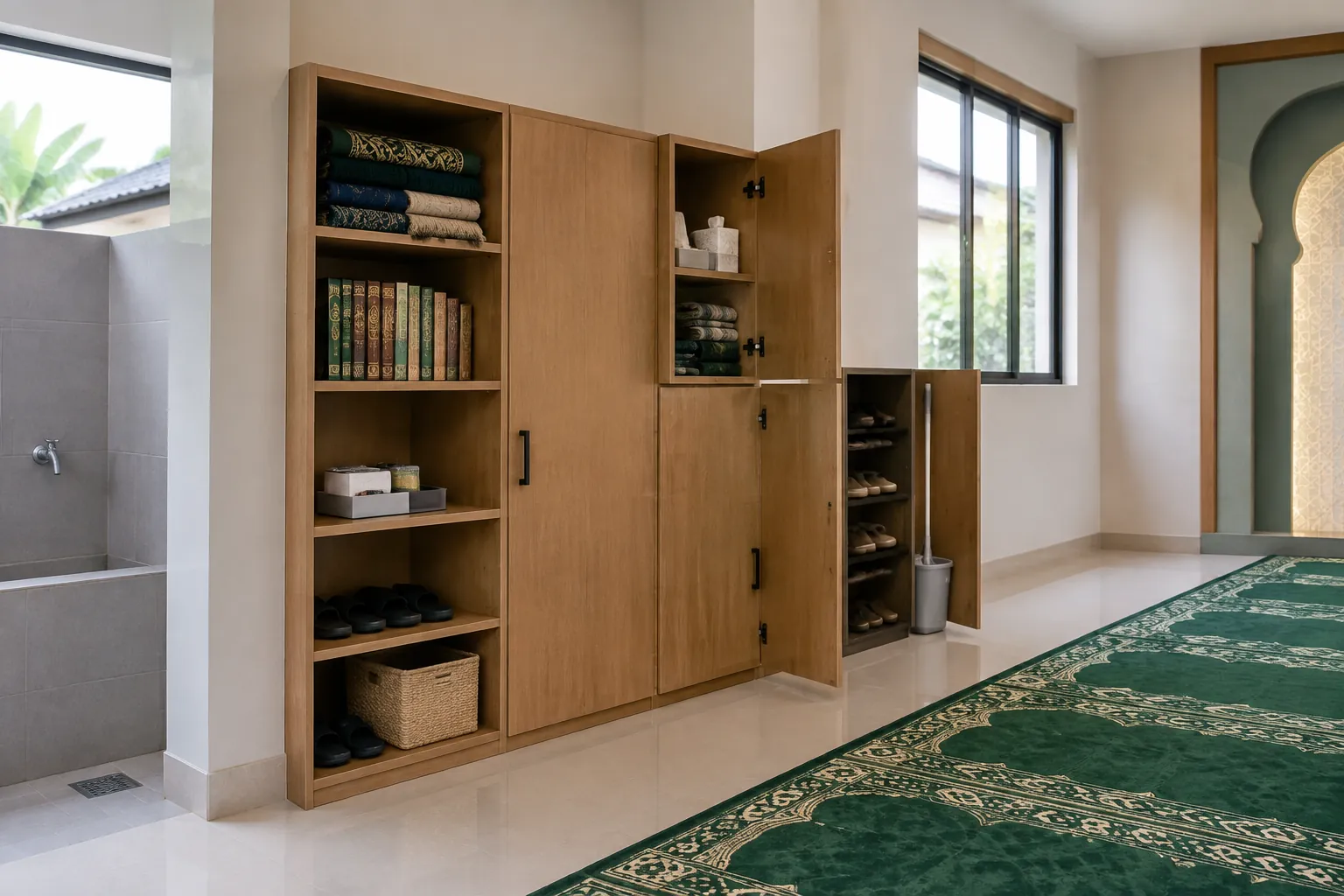 Kabinet kayu terbuka di samping karpet mushola