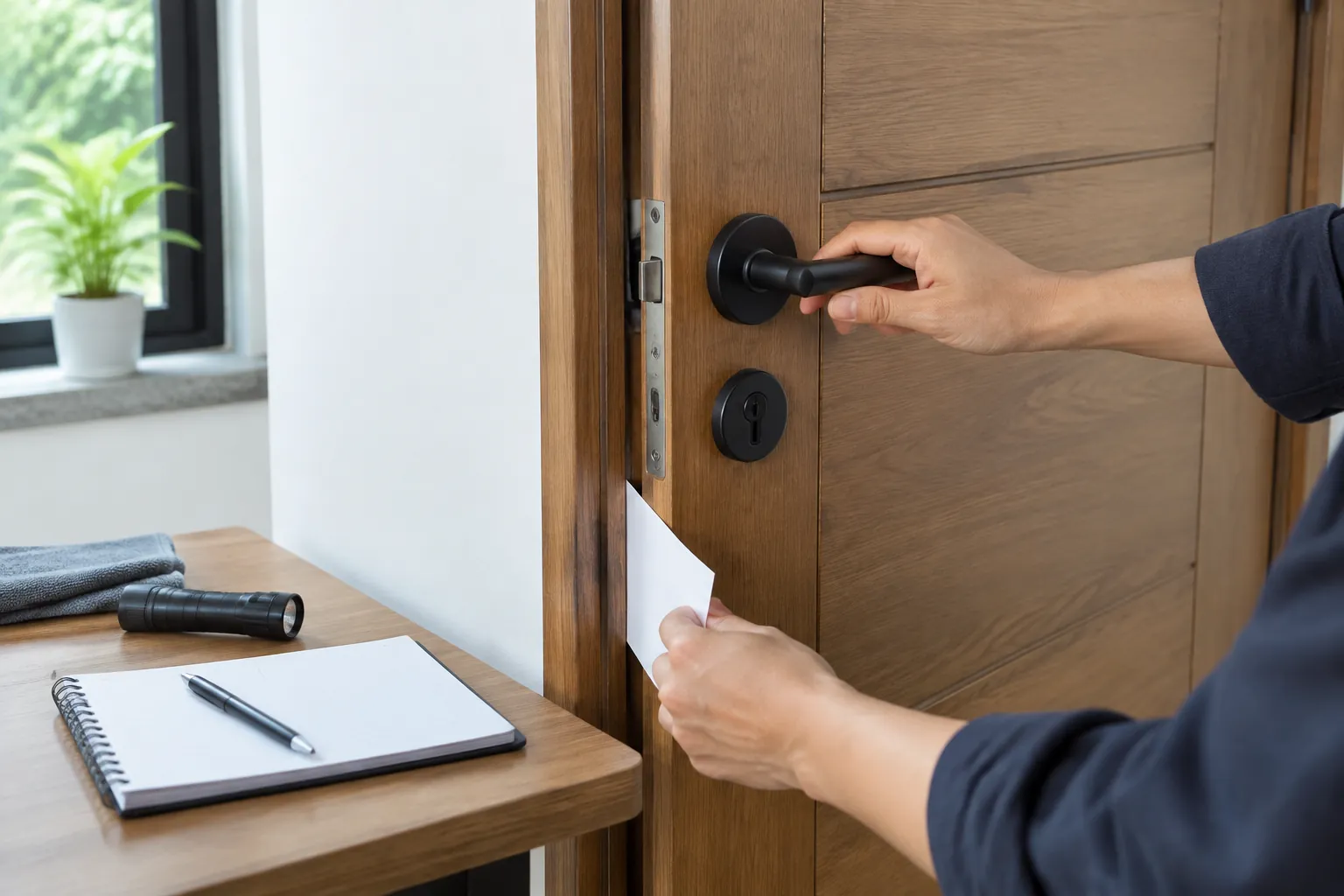 Seseorang menguji gagang dan celah pintu kayu