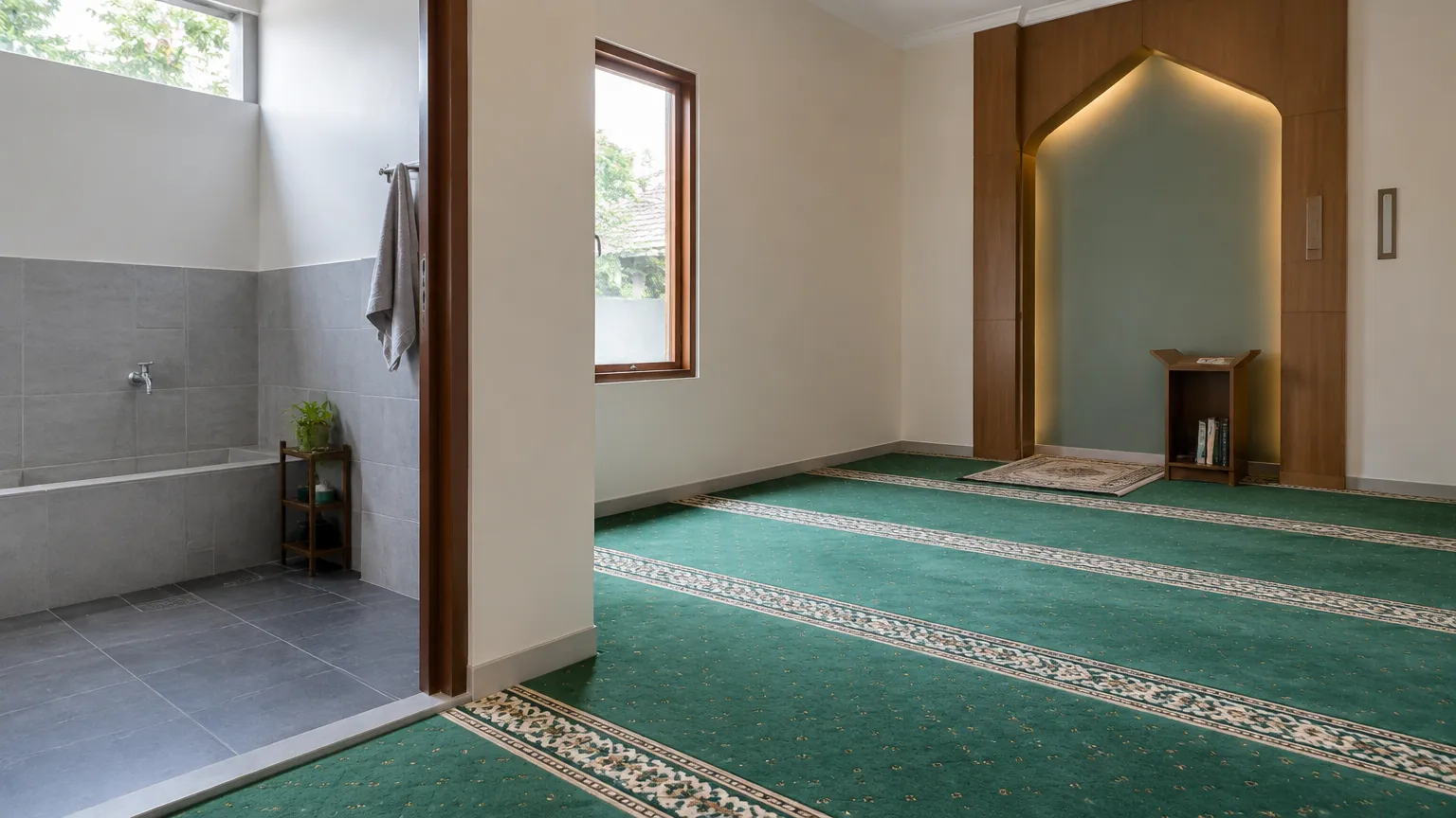 Musala dengan karpet hijau dan dinding depan beraksen