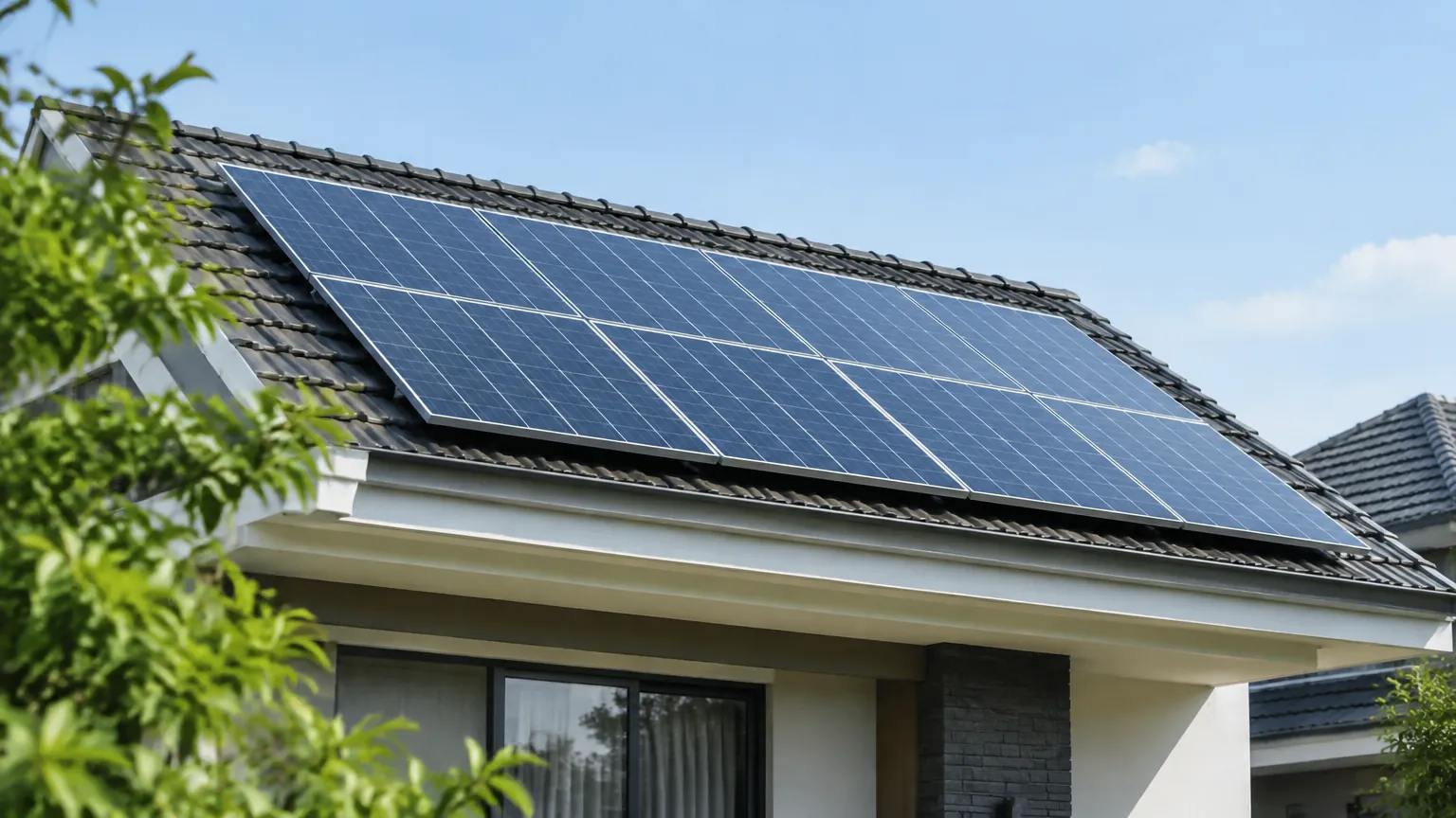 Panel surya terpasang di bidang atap rumah
