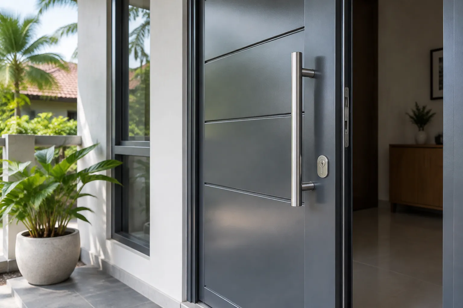 Pintu logam abu-abu pada bagian depan rumah