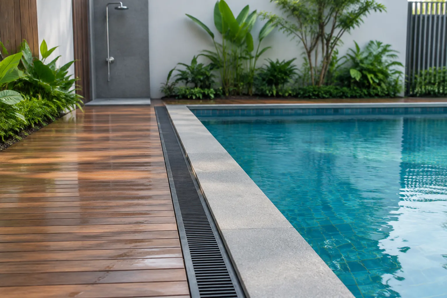 Saluran memanjang di antara dek kayu dan tepi kolam