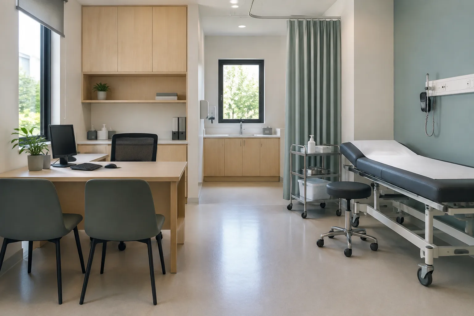 Meja konsultasi dan ranjang periksa di klinik