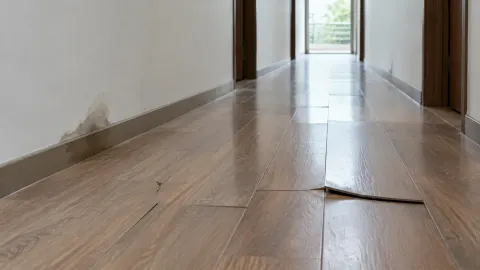 Lantai lorong kayu dengan papan yang terangkat