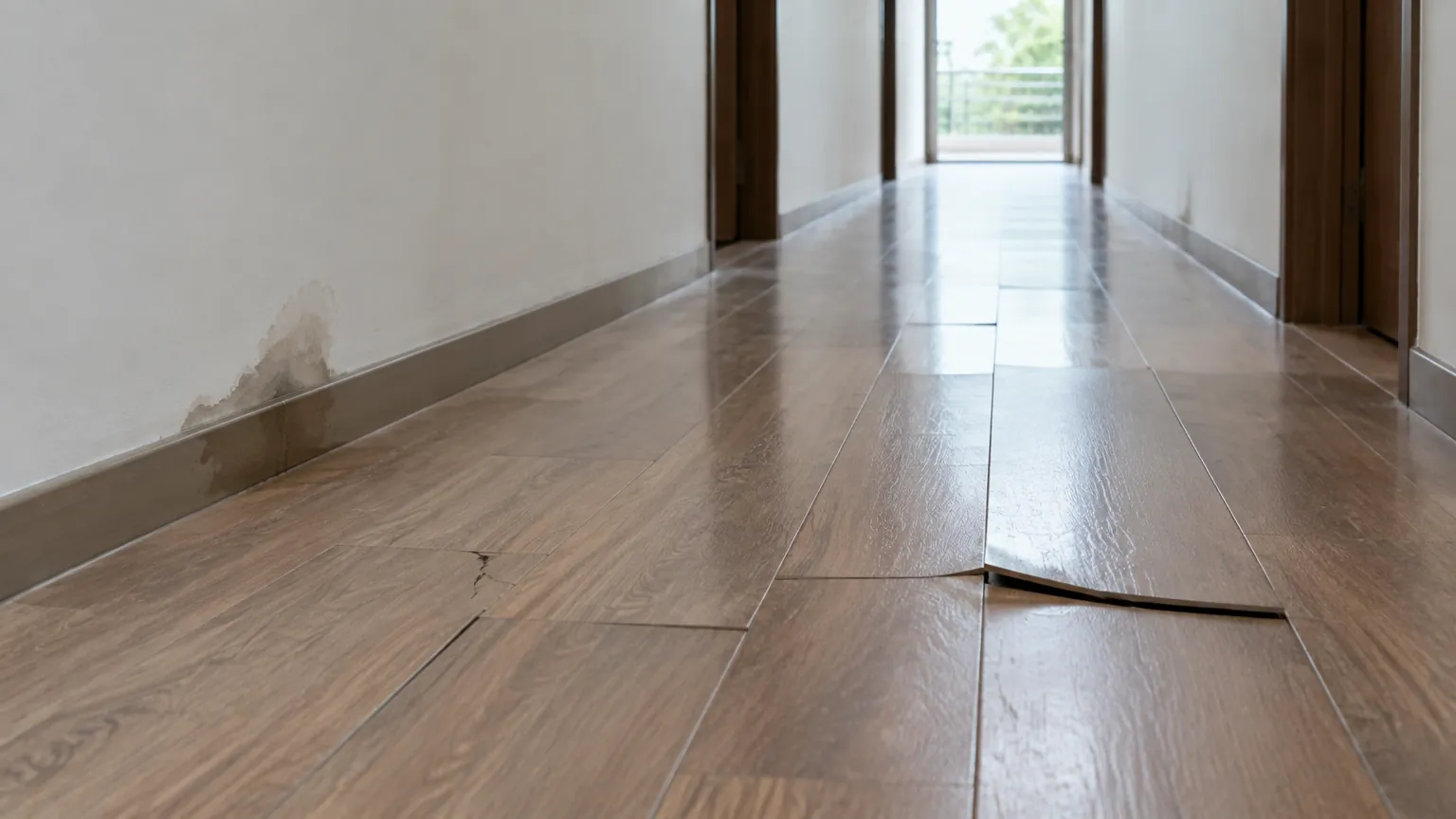 Lantai lorong kayu dengan papan yang terangkat