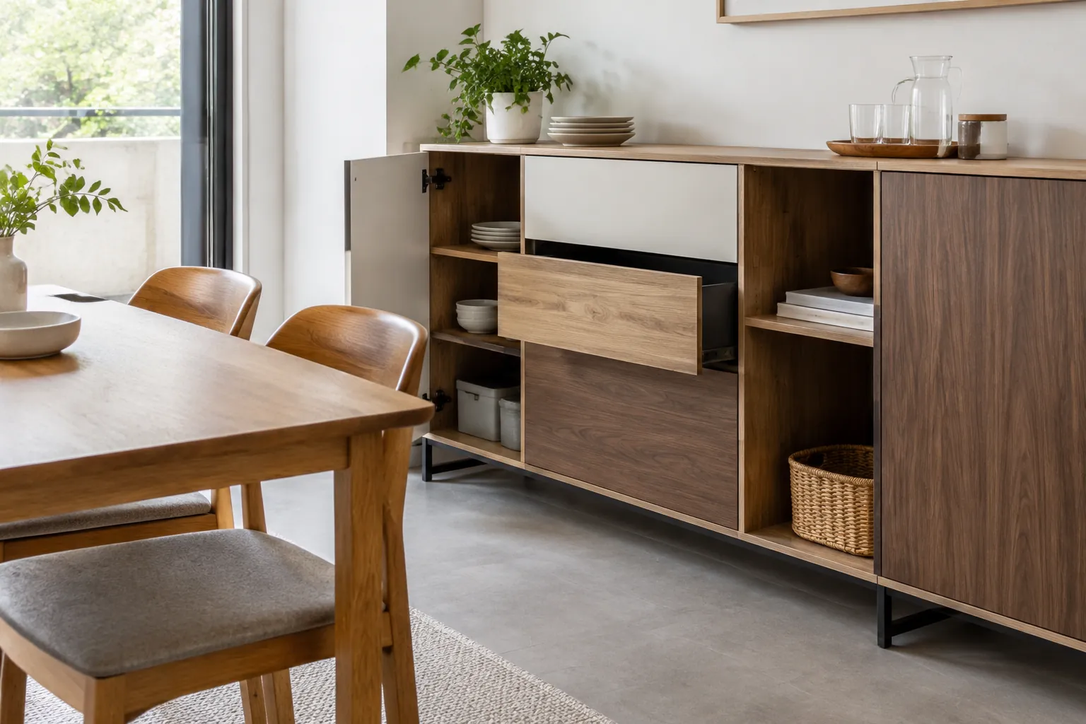 Laci dan rak terbuka pada kabinet modular ruang makan
