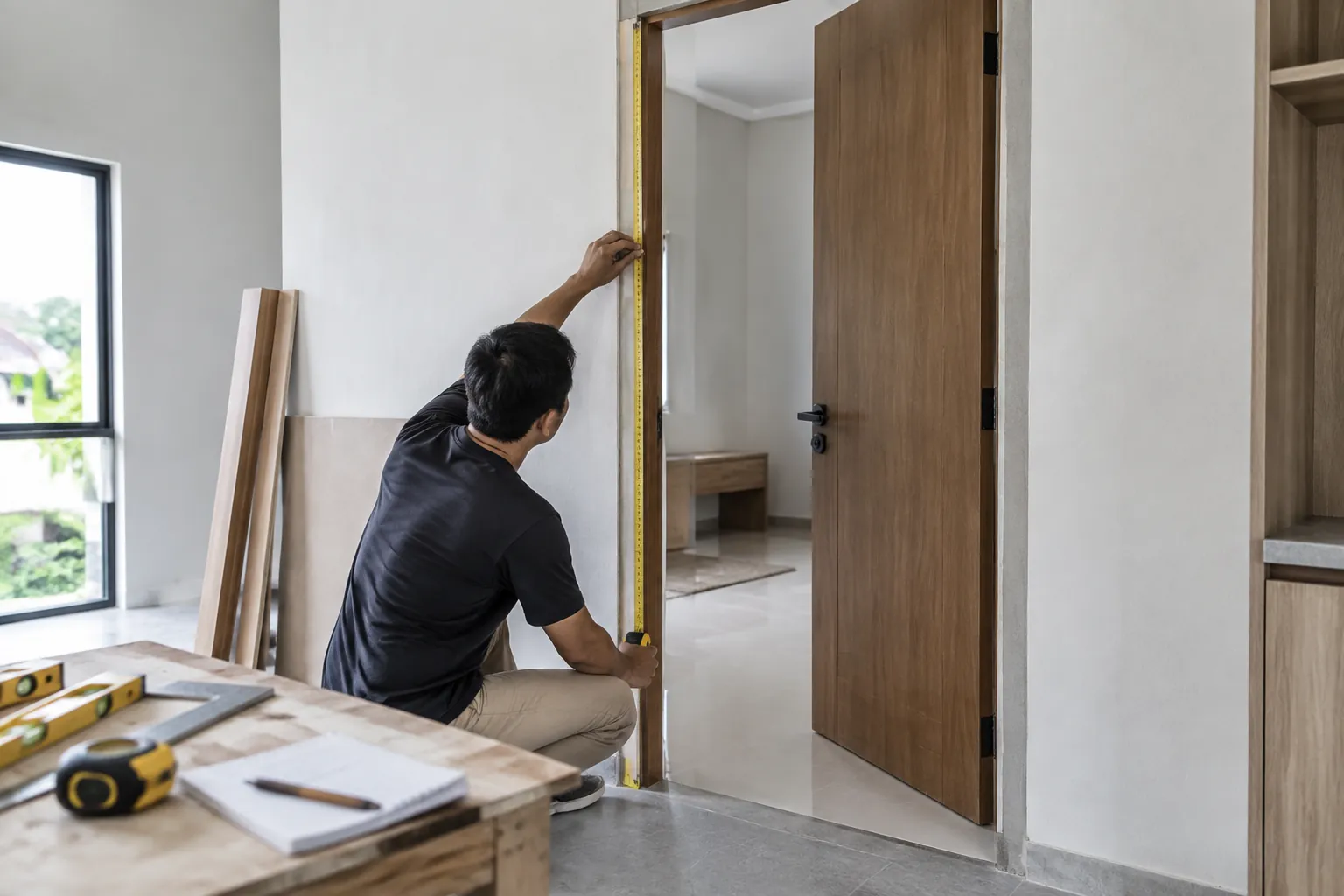 Seseorang mengukur bukaan sebelum pintu dipasang