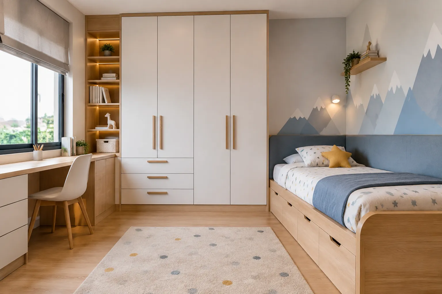 Kamar anak dengan lemari dan meja yang menyatu pada dinding serta tempat tidur terpisah