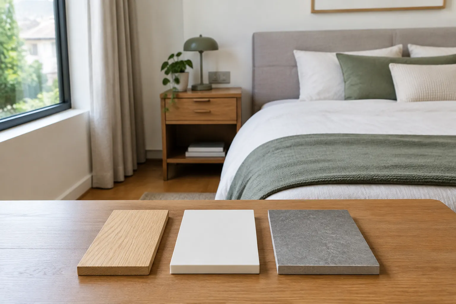 Beberapa contoh bahan dan warna dibandingkan di kamar tidur