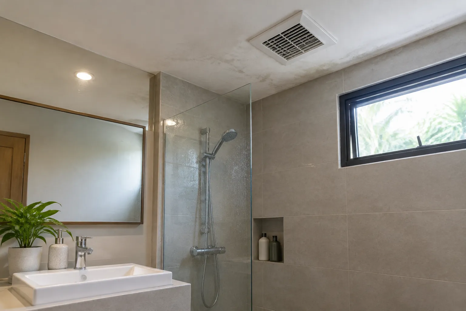 Kamar mandi terang dengan lampu, wastafel, dan jendela samping