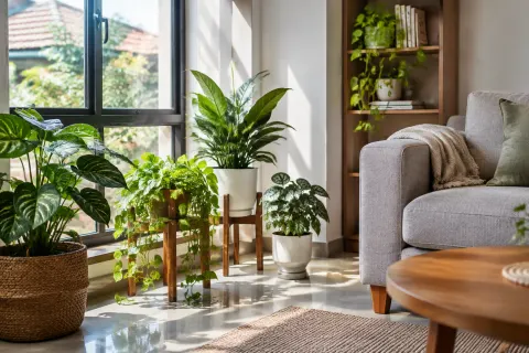 Tanaman indoor di ruang keluarga dekat jendela