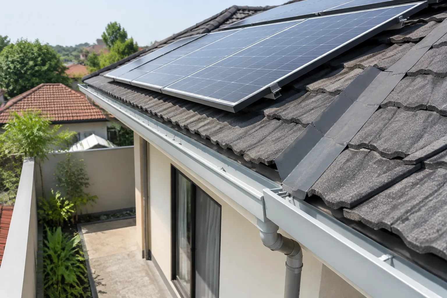 Panel surya di atas genteng pada sisi atap rumah