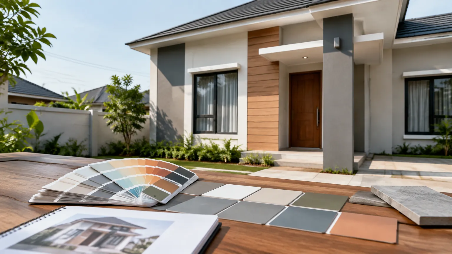 Sampel warna fasad di meja depan rumah