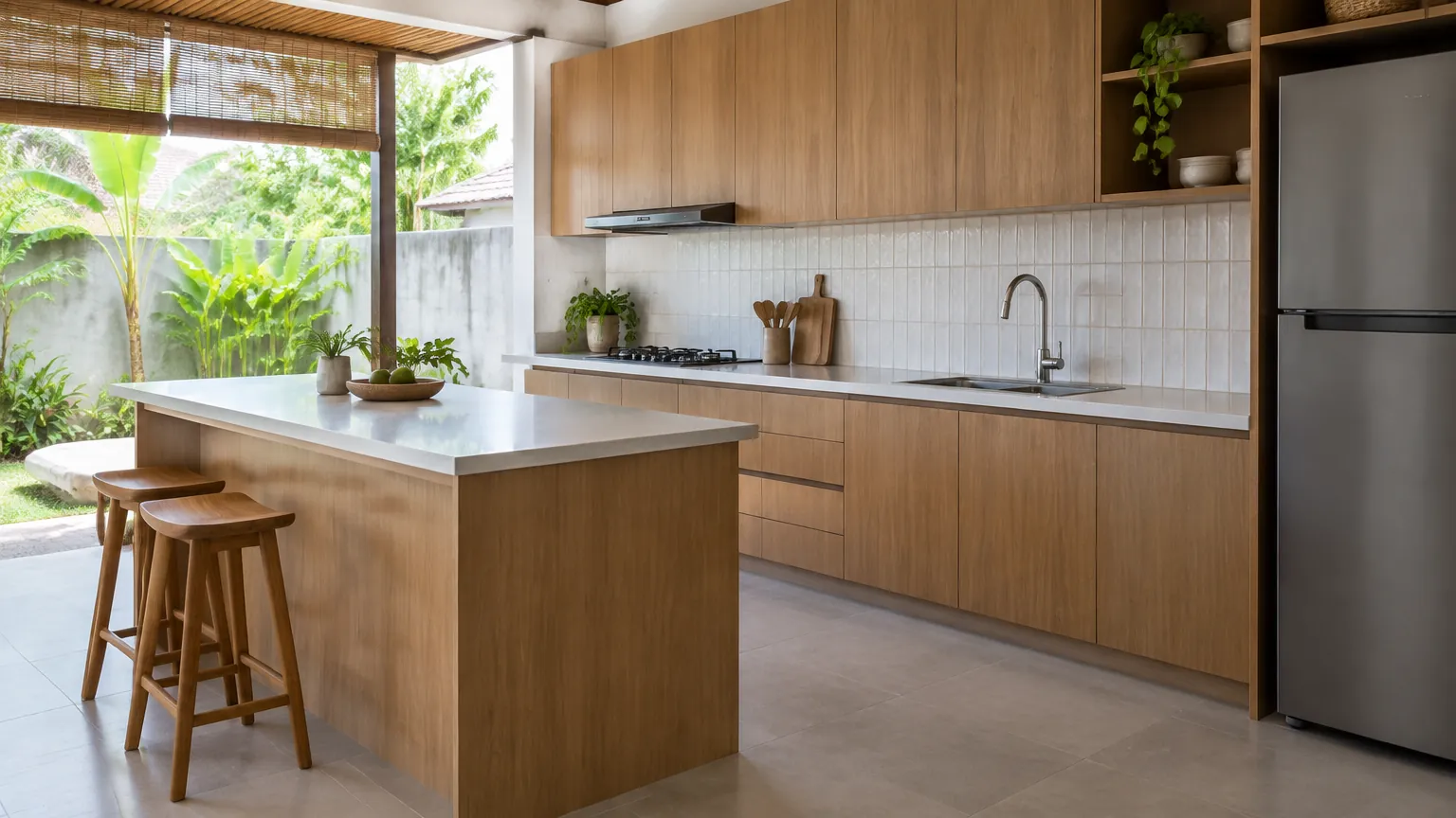Kitchen set kayu dengan meja tengah di dapur terang