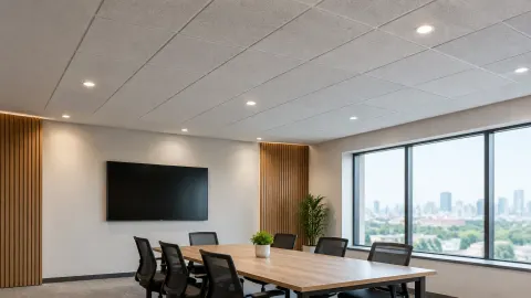 Ruang rapat dengan plafon berlubang dan panel dinding abu-abu
