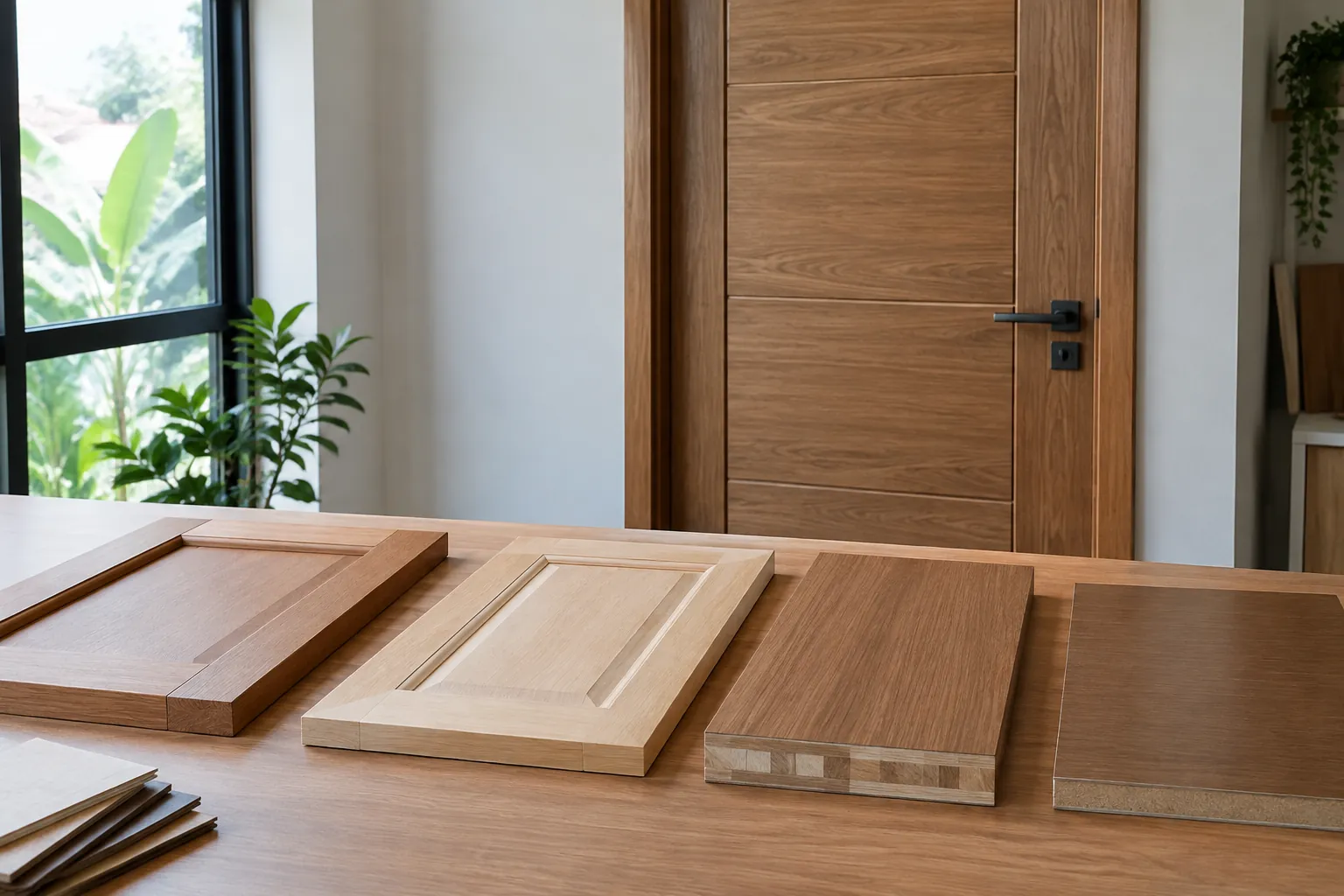 Sampel panel pintu beragam warna kayu di atas meja