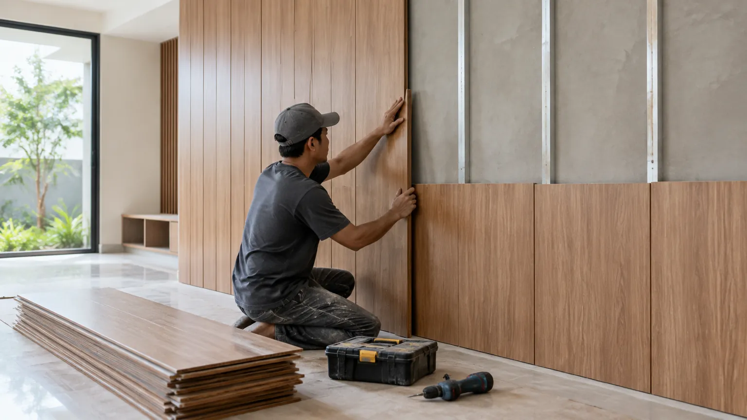 Pekerja memasang panel pelapis dinding interior