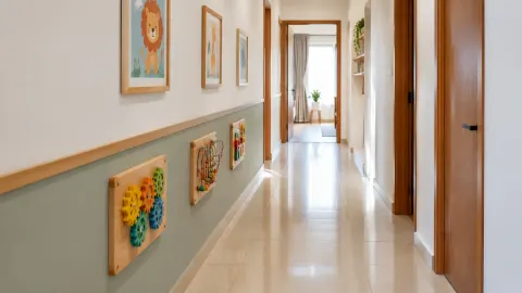 Lorong rumah dengan gambar dinding berwarna dan pegangan kayu