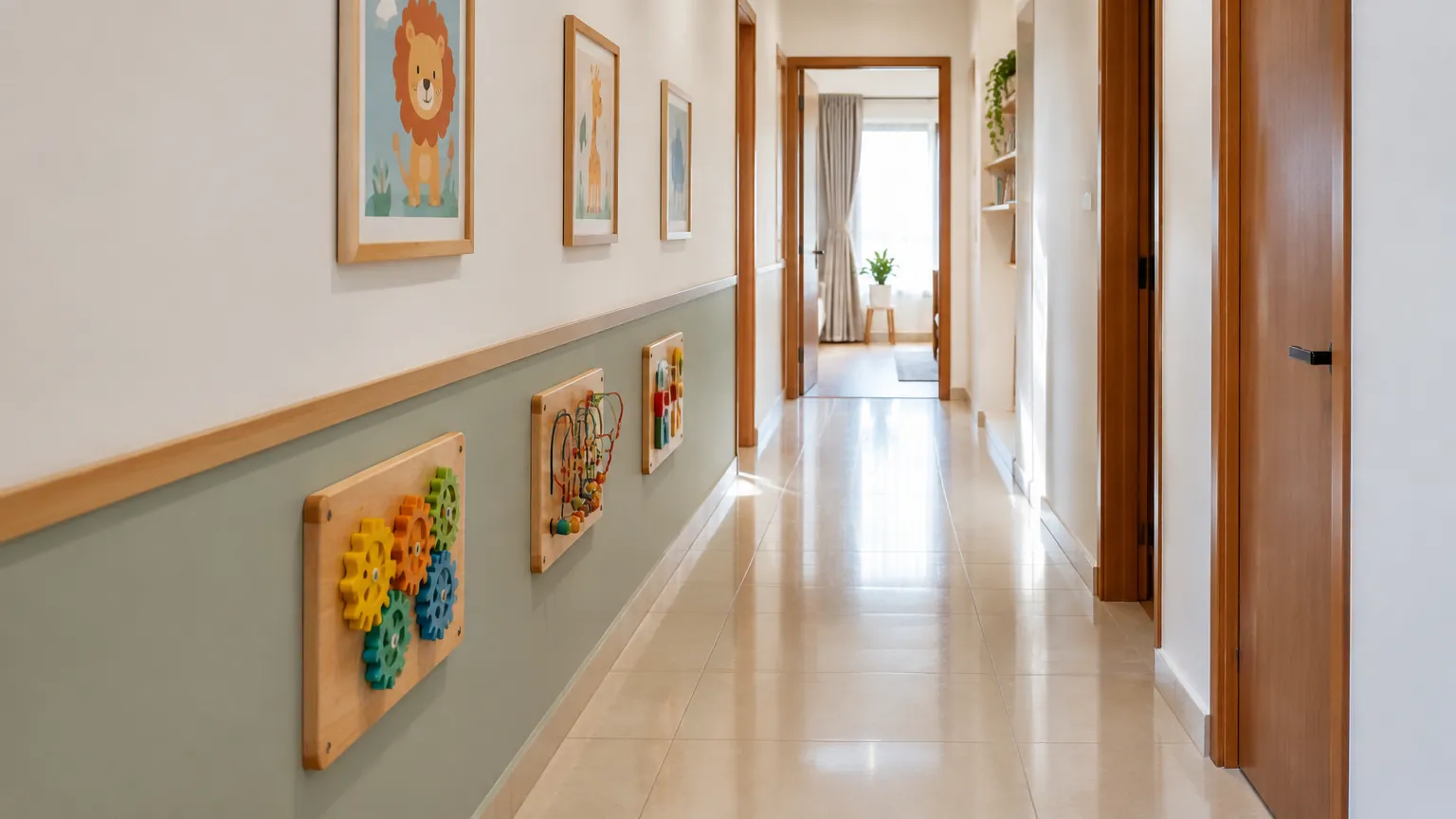 Lorong rumah dengan gambar dinding berwarna dan pegangan kayu