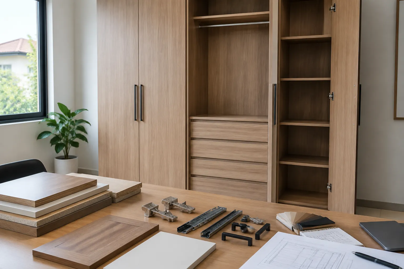 Lemari kayu dan komponen furnitur di meja kerja