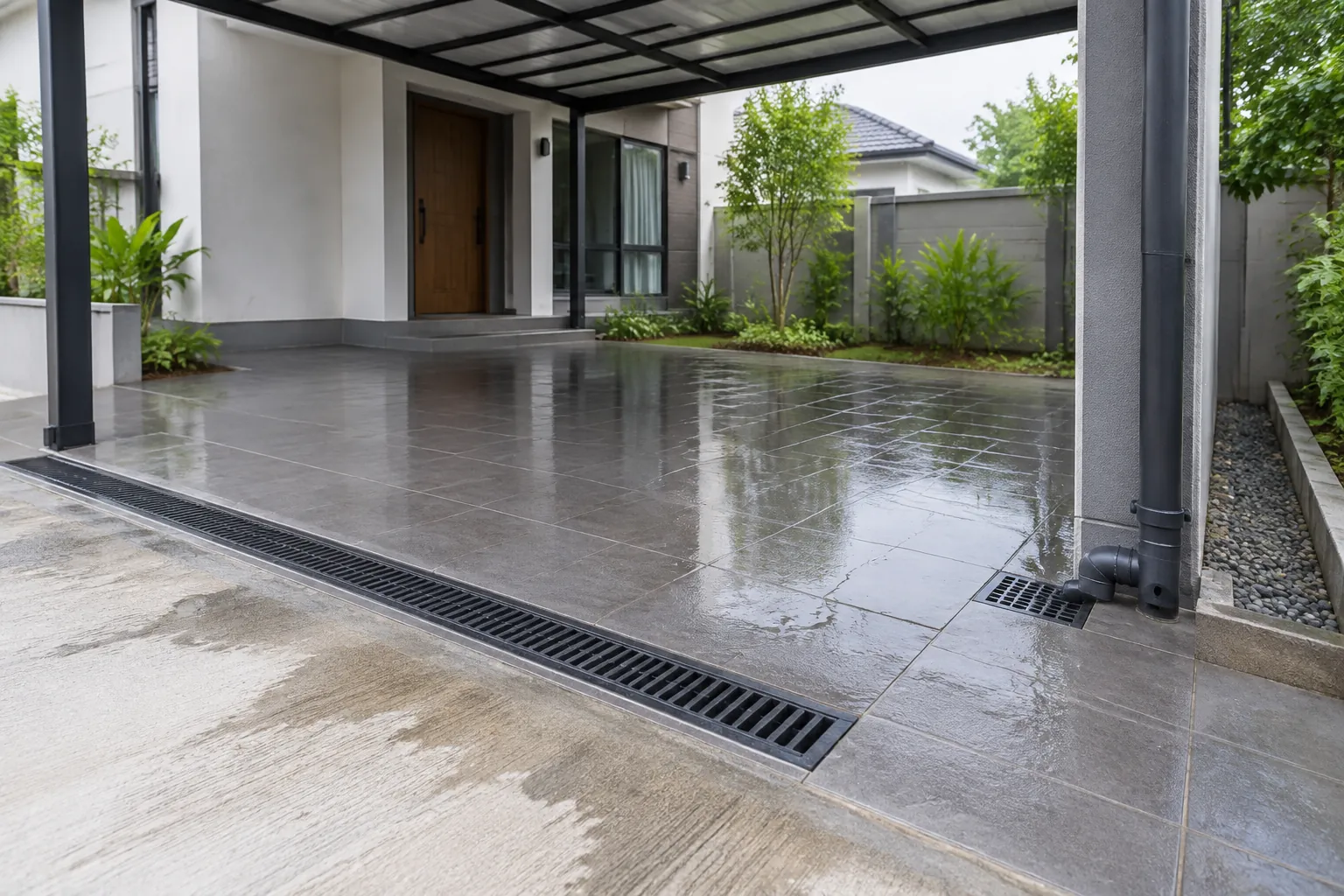 Saluran linear carport terhubung dengan pipa drain pada bagian tepi