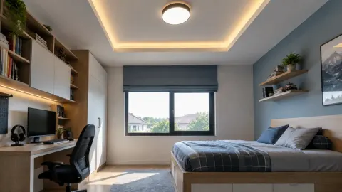 Kamar remaja dengan meja kerja, tempat tidur, dan lampu plafon