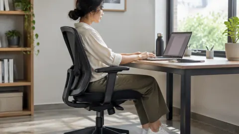 Seseorang duduk pada kursi kerja di depan laptop