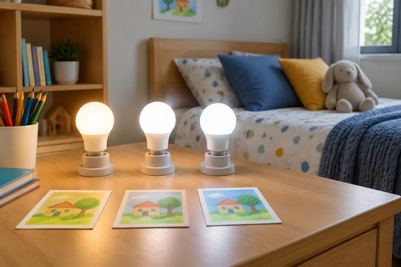 Sampel lampu dan gambar anak di depan tempat tidur