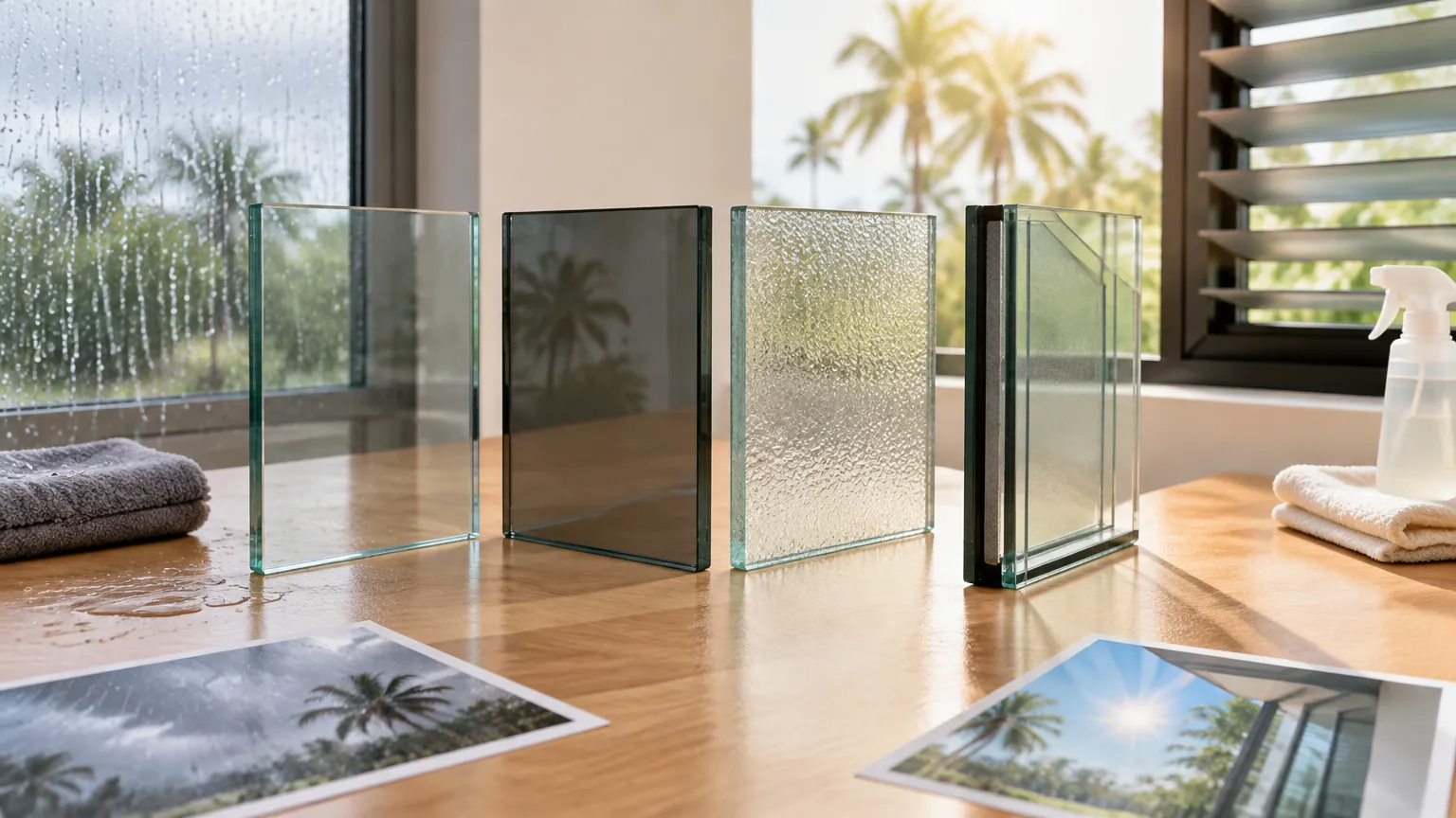 Sampel kaca bening dan bertekstur di atas meja