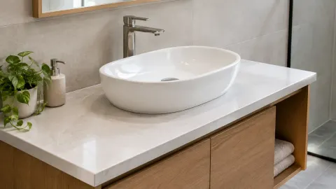 Wastafel mangkuk di atas meja kabinet kayu